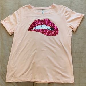 Soft Pink Sequined Bite T-Shirt, M/L